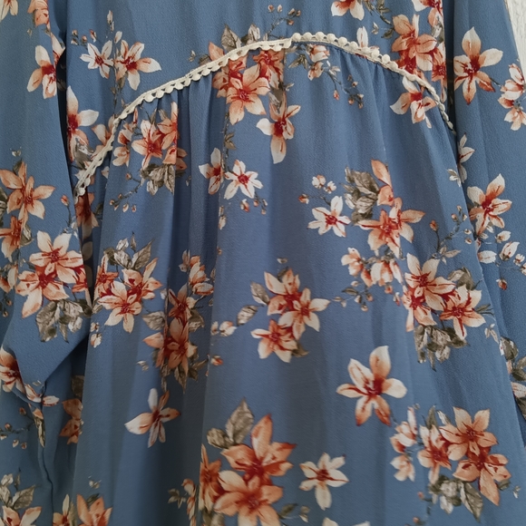 Perfect Peach Blue Babydoll Dress Floral Long Sleeve Crochet Waist Romantic Plus - Picture 3 of 12